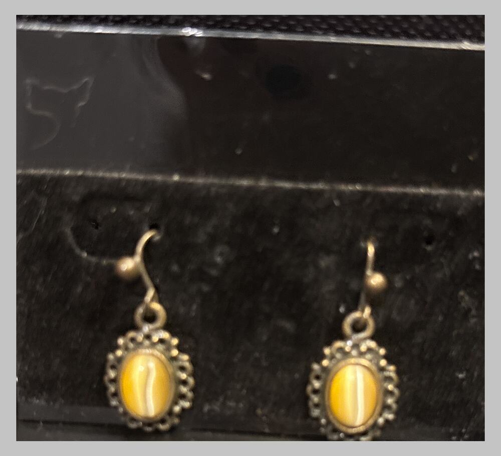 Yellow Oval Cabochon Dangle Earrings Antique Gold Tone Boho Drop Jewelry